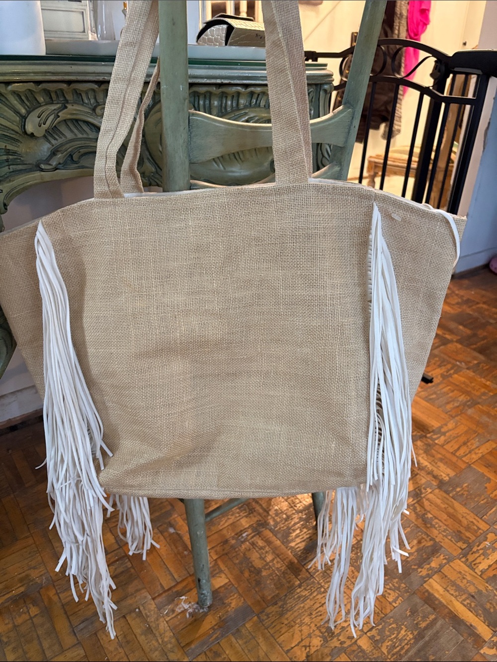 Natural Fringe Tote Bag in Beige and White